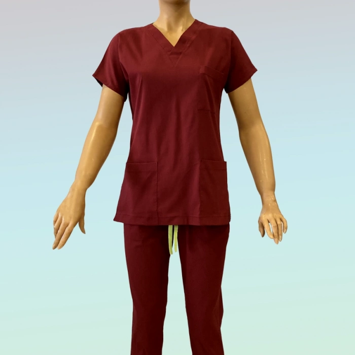 Kadın Likralı Scrubs Takım Bordo