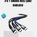3 Başlıklı Hızlı Şarj Kablosu Metal Alaşımlı Dayanıklı ve Akıllı Çipli