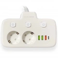 Akım Korumalı 2’li Ayrı Anahtarlı Priz, 2x Priz, 3x Usb, 1x Type-c, 2 Mt Kablo, Hızlı Şarj