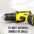 Çift Bataryalı Metal Dişli Darbeli Şarjlı Matkap Seti 24W Güç ve 24 Parça Aksesuar