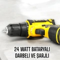 Çift Bataryalı Metal Dişli Darbeli Şarjlı Matkap Seti 24W Güç ve 24 Parça Aksesuar