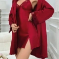 HERŞEYTREND  Bordo İnce Askılı Saten 2li Gecelik Sabahlık Takımı