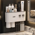 HERŞEYTREND Çift Dispenserli Diş Macunu Sıkacağı 6 Fırçalık Bardaklı Banyo Organizer