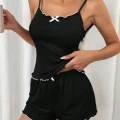 HERŞEYTREND  Siyah Beyaz Kurdelalı Askılı Şortlu Pijama Takımı