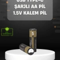 HERŞEYTREND USB Type-C Girişli Şarjlı AA Lityum Pil | 1.5V Sabit Çıkış | 3200mWh (2li Paket)