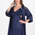 HERŞEYTREND  Premium Büyük Beden Saten Dantel İşlemeli Lacivert 2li Gecelik Sabahlık Takımı Bigsize