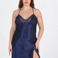 HERŞEYTREND  Premium Büyük Beden Saten Dantel İşlemeli Lacivert 2li Gecelik Sabahlık Takımı Bigsize