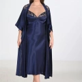 HERŞEYTREND  Premium Büyük Beden Saten Dantel İşlemeli Lacivert Uzun 2li Gecelik Sabahlık Takımı Bigsize