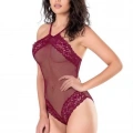 HERŞEYTREND Dantel İşlemeli Bordo File Tül Bodysuit