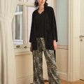 HERŞEYTREND  Çiçek Yaprak ve Etnik Desenli Dantelli 3lü Pijama Takımı