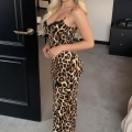 HERŞEYTREND  Pamuklu Leopar Desenli İnce Askılı Uzun Elbise