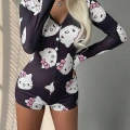 HERŞEYTREND  Pamuklu Siyah Hello Kitty Desenli Düğmeli Uzun Kol Tulum Pijama
