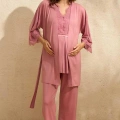 Litae Sıfır Kol V Yaka Kadın Viskon Düz Yazlık Uzun Dantel Detaylı Hamile Pijama Takımı Sabahlık