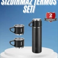 HERŞEYTREND Termos Paslanmaz Çelik Termos Siyah Renk 3 Bardaklı Termos Seti