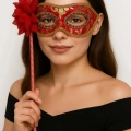Lüks Taşlı Saplı Maskeli Balo Maskesi Kırmızı Renk 35 Cm