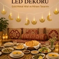 Minareli Hilal LED Işık Gold Metal Gövdeli Pilli Ramazan Dekoru