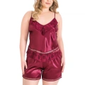 Litae Büyük Beden Bordo Saten Babydoll Şort Takımı