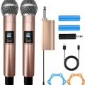 Profesyonel Çiftli Kablosuz Mikrofon Seti Karaoke Şarj Edilebilir 50 Metre Mesafe Rose