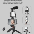 Telefon Video Çekim Kiti LED Aydınlatma Mikrofon Tripodlu Tam Set