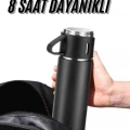 Termos Seti 3lü Bardak Seti Isı Dayanıklı Siyah Paslanmaz Çelik Vakumlu