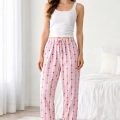 Viskon Pamuklu Kadın Açık Pembe Desenli Pijama Pantolon - MG007 - Mudanis