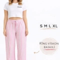 Viskon Pamuklu Kadın Pudra Pembe Çizgili Pijama Pantolon - MG004 - Mudanis