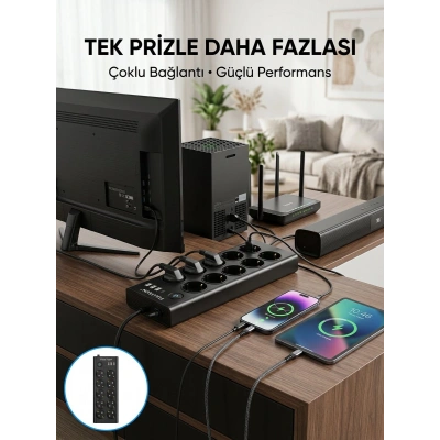 10 Prizli USB Destekli Çoklu Priz Type-C Şarj Girişli Güvenli Güç Ünitesi