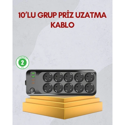 10 Prizli Uzatma Kablosu Termal Koruma USB Type-C Hızlı Şarj 2500W