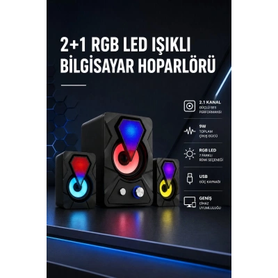 2+1 RGB LED Işıklı Güçlü Bas Sistemli Bilgisayar Hoparlörü
