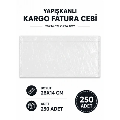 26x14 Cm Orta Boy Yapışkanlı Kargo Fatura Cebi 250 Adet