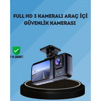360° Kapsama Sahip Full HD Araç Kamerası 3’lü Kayıt Gece Görüşlü DashCam