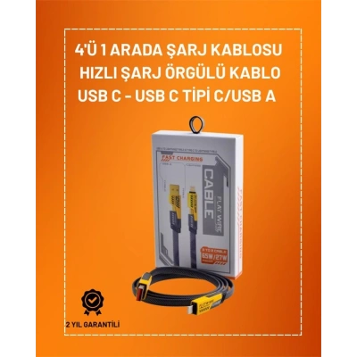 4ü 1 Arada USB Hızlı Şarj ve Veri Kablosu – 65W Güç, Çoklu Bağlantı, 1.2m