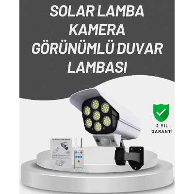 77 LEDli Güneş Enerjili Güvenlik Lambası ve Kukla Kamera – Hareket Sensörlü, 2400mAh Pilli
