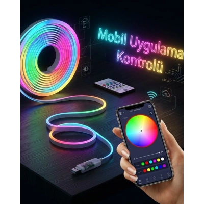 Akıllı RGB LED Neon Şerit Işık 3M USB Bağlantılı Uzaktan Kumanda ve Mobil Uygulama Kontrolü