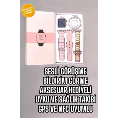 Akıllı Saat Amoled Ekran 3 Kordonlu Aksesuar Hediyeli Sesli Görüşme