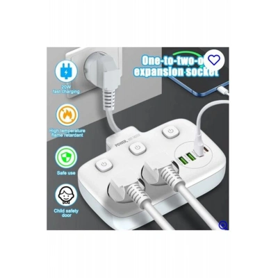 Akım Korumalı 2’li Ayrı Anahtarlı Priz, 2x Priz, 3x Usb, 1x Type-c, 2 Mt Kablo, Hızlı Şarj