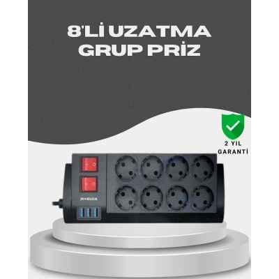 Akım Korumalı 8’li Priz 3 USB’li Uzatma Kablosu Isıya Dayanıklı 2 Metre
