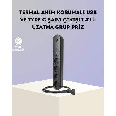 Akım Korumalı Çoklu Priz 4’lü 2 USB 1 Type-C 2500W Güçlü Tasarım
