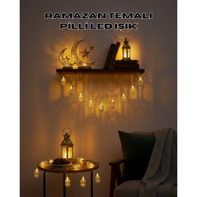 Altın Fener Detaylı Pilli Ramazan LED Işık Ev Dekorasyonu