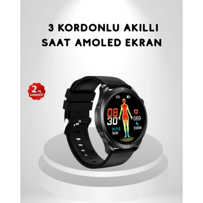 AMOLED Ekranlı Akıllı Saat – 3 Kordon Seçenekli, Suya Dayanıklı, Kalp Atış ve Uyku Takip Özellikli