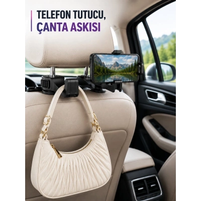 Araç Koltuk Başlığına Takılan Telefon Tutucu ve Eşya Askısı