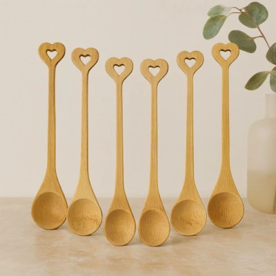 Bambu Ahşap Çay Kaşığı Seti 6lı (Yuvarlak & Kalp Saplı)
