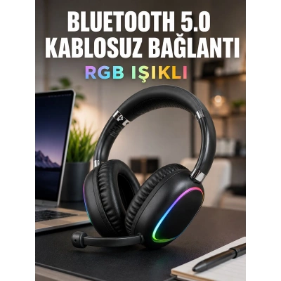 Bluetooth 5.0 Kablosuz Kulak Üstü Kulaklık Mikrofonlu RGB Aydınlatmalı