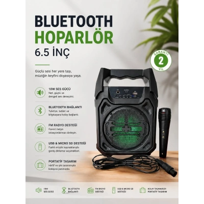 Bluetooth Hoparlör Mikrofonlu Taşınabilir Ses Sistemi FM Radyo, USB, SD Kart ve TWS Özellikli