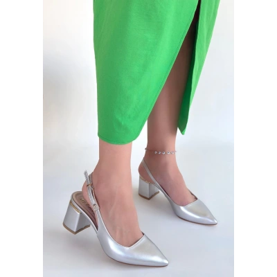 HERŞEYTREND Buant Gümüş Cilt Topuklu Ayakkabı