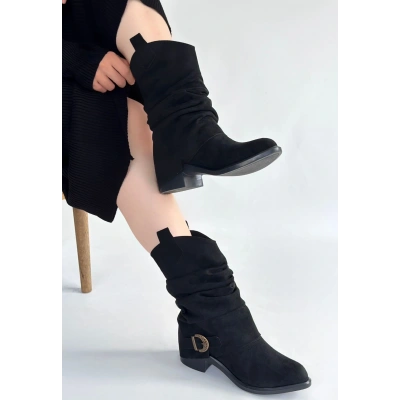 HERŞEYTREND Canty Siyah Süet Körüklü Topuklu Çizme