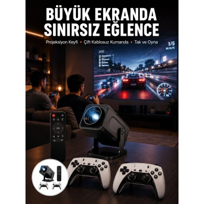 Çift Kollu Game Box Projeksiyon Cihazı Kumandalı Android Tv Dahili Hoparlör Yeni Nesil
