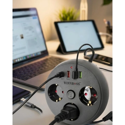 Çoklu Priz Akım Koruma 3 Soket 3 USB Type C Hızlı Şarj 2m Uzatma Kablosu