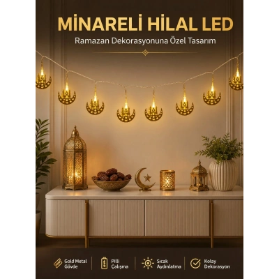 Dekoratif Minareli Hilal LED Işık Metal Gövdeli Ramazan Aydınlatma