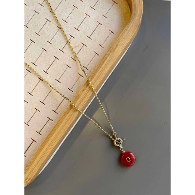 Dorika Zincirli Taşlı Kolye- 60 cm - Kırmızı